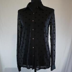 Michael Farrell Black Sheer Mesh Collared Button Down Top